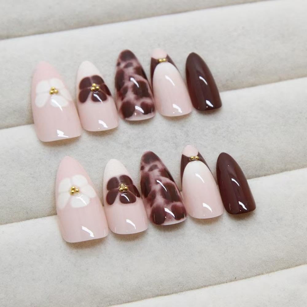 Brown Press on Nails Nude fake Nails with Glitter Design Flower Glue on Nails Artificial Acrylic Nail Full Cover Glossy Stick on Nails Medium Almond False Nails for Women Manicure 24Pcs - Image 5