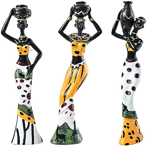 3pcs African Figures Female Figures Exotic Tribal Lady Statue Decorative Sculpture Statue Craft Doll for Home Ornament - Yellow