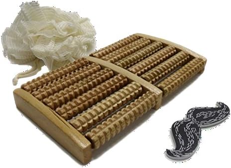 New 3 Piece All Natural Bath Mesh Pouf Luffa &amp; Wooden Foot Massger Set Essential Shower Supplies Scrubber Mustache Nail File Perfect Back to College High School Accessories Gift Idea Him Her Men Women