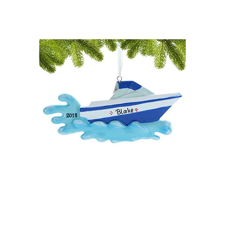 Personalized Speed Boat Christmas Tree Ornament 2020 Red White