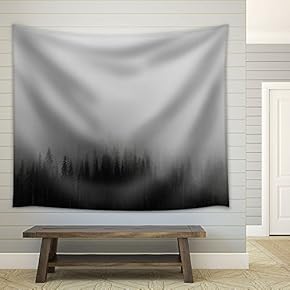 Black Pine Tree Forest Among The Fog Mistery Concept - Fabric Wall Tapestry Home Decor - 51x60 inches