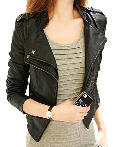 S&S Women's Black Punk Stand Collar Zipper Crop Faux Leather Moto Bomber Jackets
