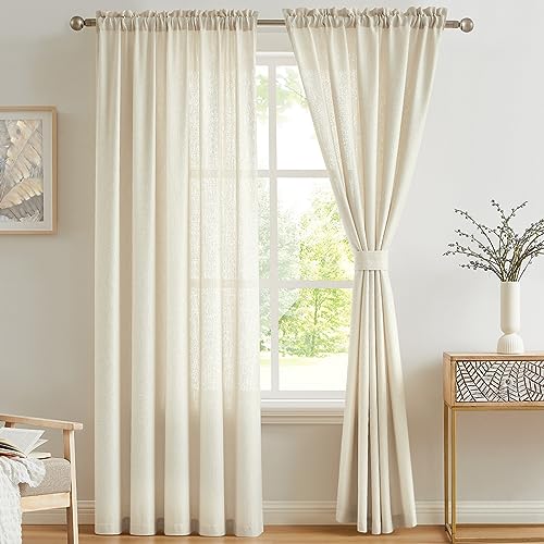 Melodieux Vorhaenge Beige Transparent Leinen Optik Voile Gardinen fuer Wohnzimmer Schlafzimmer, 2er Set 245x140cm