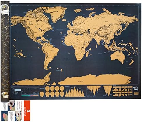 Large Scratchable Foil World Map Enhanced Edition - Gold on Black Frameable Traveler Poster includes Gift Package 32.5" X 23.4" (Black) by Modern Motion