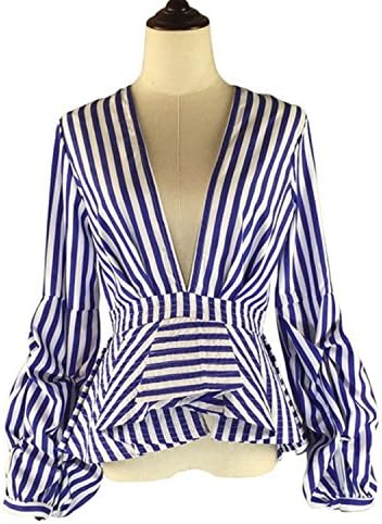 Aknoer Thame Blouse Shirts Ruffles Trim Women Sexy V Neck Summer Fashion New Tops Clothing Plus Size 4Xl Blue Stripe L