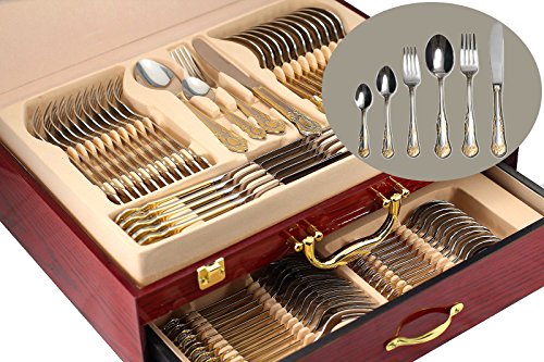 75-Piece Gold Flatware Set Dining Service for 12, 18/10 Premium Stainless Steel, 24K Gold-Plated Trim, Silverware Serving Set, Wood Storage Case (Majestic) - Thumbnail 4