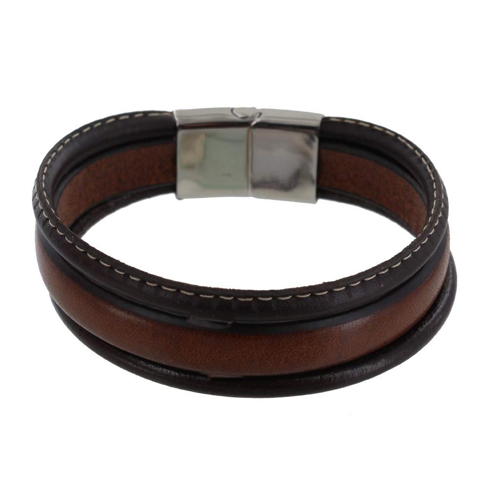 LES POULETTES BIJOUX - Men's Bracelet Three Stripes Brown Leather Beige Stitched Stainless Steel Clasp