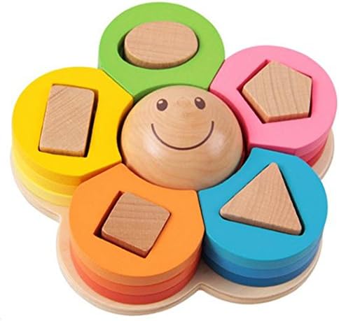 WISDOMTOY 3D Wood Geometric Blocks Stacker Assembly Shape Sorter Puzzle Toddler Preschool Toy