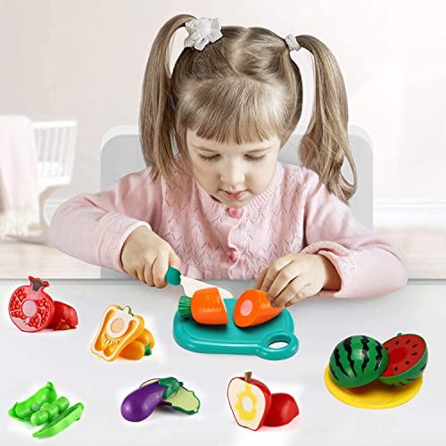 46 PCS Cutting Play Food Toy for Kids Kitchen, Pretend Fruit &Vegetables Accessories with Shopping Storage Basket, Plastic Mini Dishes and Knife, Educational Toy for Toddler Children Birthday Gift