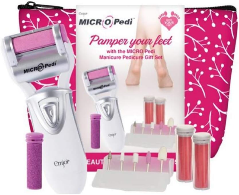 Emjoi Micro Pedi Manicure/Pedicure Gift Set - Hand/Foot Nail Buffer which includes 5 Attachments, Callus Remover with Extreme Coarse & Coarse Rollers for Removal of Hard, Rough Skin around Feet
