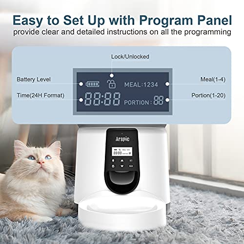 Automatic Cat Feeder, Arspic 4L Auto Pet Cat Food Dispenser with Programmable Timer feeder and Portion Control Automatic Dry Food Feeder for Small & Medium Cats Dog with Desiccant Bag & Voice Recorder