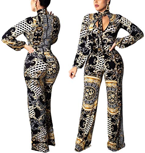 Women Bandage Jumpsuits Boat Neck Long Sleeves Floral Sexy Cutout Front Wide Leg Long Pants Rompers - Thumbnail 3