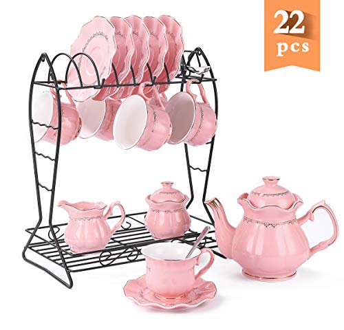 22-Piece Porcelain Ceramic Tea Gift Set with Metal Holder, Coffee Service Set with Cups, Saucers, Teapot, Sugar Bowl, Creamer and Teaspoons.