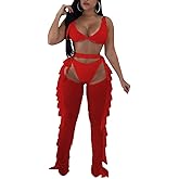 OLUOLIN Women Beading Pearl See Through Sheer Mesh 2 Pieces Outfits Jumpsuits Crop Top and Hollow Out Ruffle Long Pants