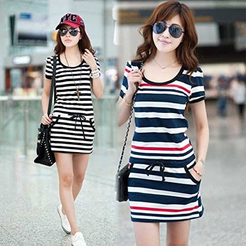 Amazon サイズあり ボーダーワンピース ワンピース レディース ファッション ボーダー ミニワンピ ショー丈 半袖 フェミニン 春夏 半そで トレンド モテアイテム チュニック Uネック ブルー ブラック サイズm L Xl ｑニーズグループ ブラック サイズ Xl