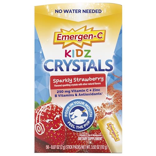 EMERGEN-C KIDZ CRYSTALS, ON-THE-GO EMERGEN-C IMMUNE SUPPORT SUPPLEMENT WITH VITAMIN C, B VITAMINS, ZINC AND MANGANESE, SPARKLY STRAWBERRY, STOCKING STUFFER – 56 STICK PACKS