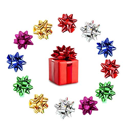 100pcs Mini Gift Bow, Metallic Ribbon Star Bow 1" Inch 25mm Diameter PET PP Plastic Star Bow Box Set Holiday Christmas Birthday Party Decoration (5 Color) (StarBow-5Color)