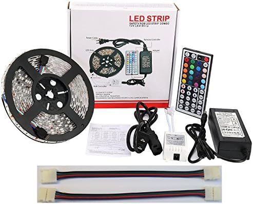 LED Strip Lights Kit 16.4 FT 5M RGB 5050 300 LEDs IP65 Waterproof 5A Power Supply 6A IR Controller 44 Key Remote + 2 Six Inch RGB Extentions TV Kitchen + Outdoor Stage Lighting Decoration Accent Light