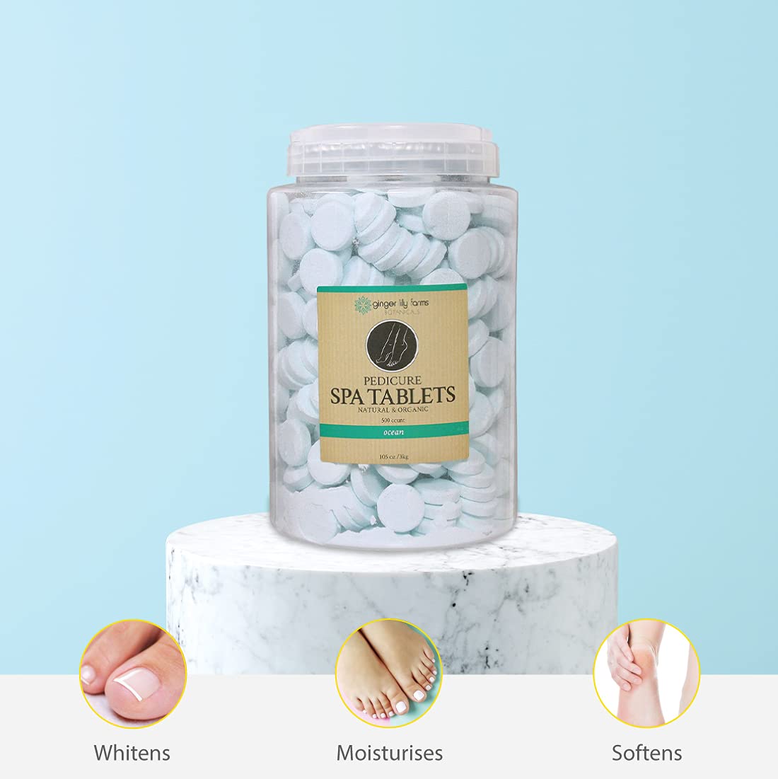 Ginger Lily Farms Botanicals Pedicure Spa Tablets, Natural & Organic, Replenishes Moisture, Softens & Conditions Skin, Ocean Scent, 105 Ounces, 500-Count
