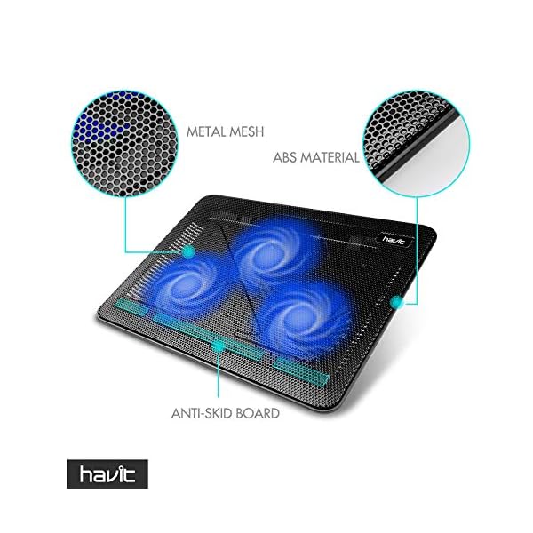 havit Cooling Pad 12"-17" Laptop Cooler with 3 Ultra Quiet Fans, Ergonomic Comfort Notebook Cooler with 2 USB Ports, HV-F2056