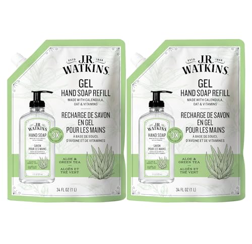 J.R. Watkins Gel Hand Soap Refill, Moisturizing Hand Wash, Formulated with Plant-Based Cleansers, Alcohol-Free, Cruelty-Free, Aloe & Green Tea, 34 Fl Oz, 2 Pack