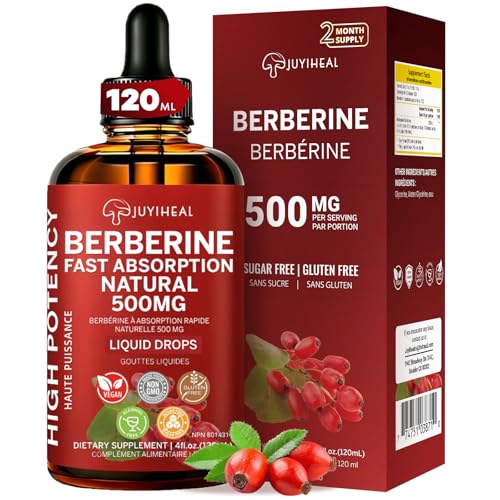 JUYIHEAL Berberine Supplements, 500mg Berberine HCL for Healthy Lipid (Fat) & Glucose Metabolism, Pure, Vegan, Alcohol & Sugar Free Berberine Drops - 120ML Liquid
