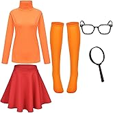 STARINGIRL Women Halloween Orange Costume Orange Turtleneck Top Red Skirt Socks Glasses Outfit Set for Party Cosplay