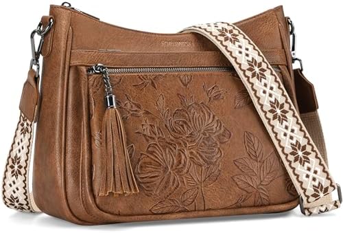 The Sak Cognac Leather Messenger Bag Boho Crossbody Satchel Shoulder Purse The Sak Embossed Floral Design Boho Tan Leather Crossbody  main image 4