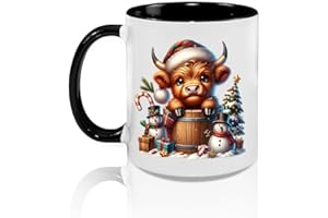 Highland Cow Christmas Mug, 325 ml 11 oz Ceramic Cup, Black Handle, Microwave and Dishwasher Safe, Christmas Decor