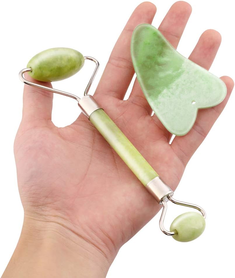 Jade Roller for Face and Gua Sha Scrapping Massage Tools Set -100% Natural Jade Facial Roller Slimming Tool