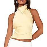 Women Halter Backless Tank Tops Cute High Mock Neck Cami Sexy Open Back Camisole Summer Going Out Tops (Light Yellow, M)