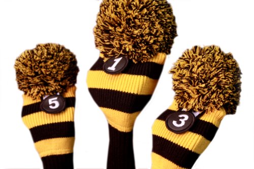 Majek Golf Club Head Covers Black and Yellow Limited Edition Throwback Long Neck Knit Retro Pom Pom Traditional Classic Vintage Old School Ultimate 460cc Driver Fairway Wood Golf Head Cover Stripe Set - Thumbnail 3