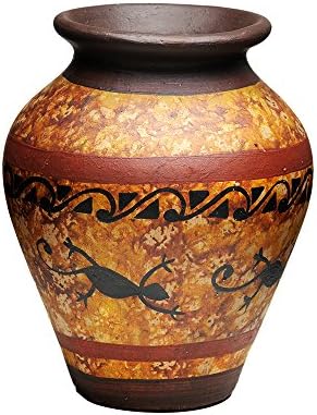 Clay Vase for Home Decor, Handmade in Colombia, Rustic Primitive Style, 6.8 Inches Tall, For Home or Wedding Gift, Living Room and Coffee Table Decor, Table Top Decoration Dark Red, Brown and Yellow