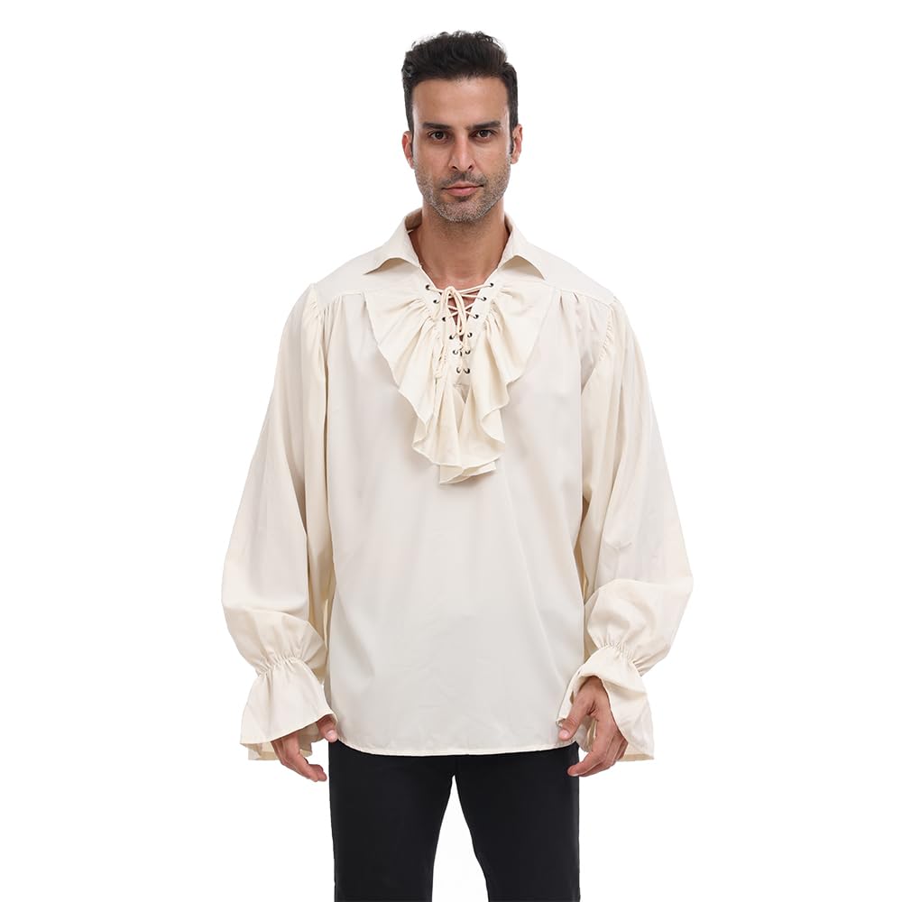 EraSpooky Men's Ruffled Pirate Shirts Vampire Renaissance Steampunk Victorian Gothic Shirt Medieval Cosplay Costume White XL