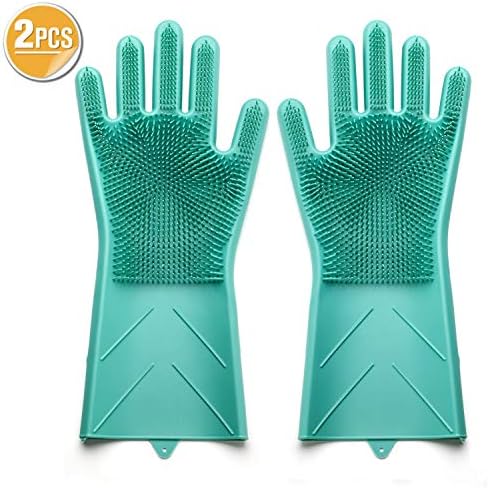 2 Pcs Magic Silicone Gloves with Wash Scrubber, 2 in 1 Heat Resistant Silicone Brush Scrub Gloves for Cleaning, Household, Dish Washing, Washing the Car, Pet Hair Care Green