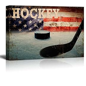 Hockey Americana Patriotic Puck and Stick on ice...