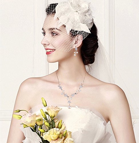 EleQueen Women's Silver-Tone CZ Simulated Pearl Flower Filigree Bridal Necklace Earrings Set Ivory Color