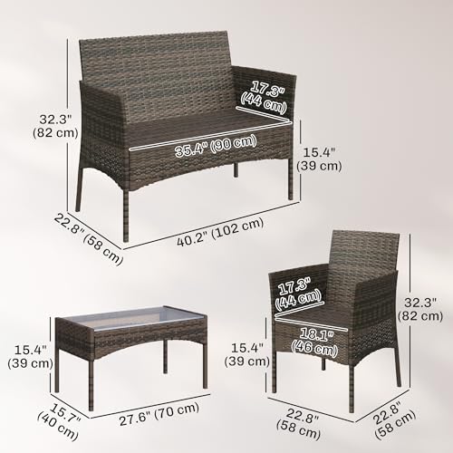 Outsunny 4 Pieces Wicker Patio Furniture Set, PE Rattan Outdoor Conversation Set with Loveseat, 2 Chairs, Tempered Glass Coffee Table and Cushions for Garden Porch Balcony, Beige