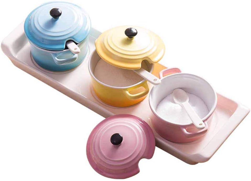 Hershii Ceramic Spice Jars Gradient Color Condiment Pots Containers Cruet with Serving Spoon, Lid and Tray - Kitchen Counter Storage Canister for Salt, Sugar, Tea, Coffee, Spice, Herb - Set of 3