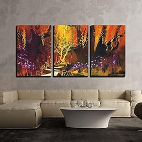 3 Piece Canvas Wall Art - Illustration - Abstract Colorful Landscape,Fantasy Forest,Illustration Painting - Modern Home Art Stretched and Framed Ready to Hang - 16"x24"x3 Panels