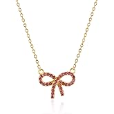 AIBELOPY Cute Pink Bow Necklaces for Women 925 Sterling Silver Dainty Cubic Zirconia Necklace 14K Gold Plated Pendant Choker Necklace Valentine's Day Mothers Day Gifts