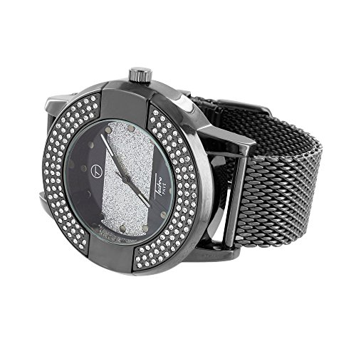 Mens-White-CZ-Watch-Black-PVD-Coating-Mesh-Band-Stylish-Celeb-Watch-Jojino
