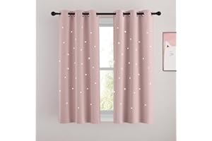 NICETOWN Star Hollow Out Curtains for Kids Room, 2 Panels Starry Sky Blackout Curtains Window Treatments for Nursery and Bedroom Decor, W34 x L54 Inches, Light Pink