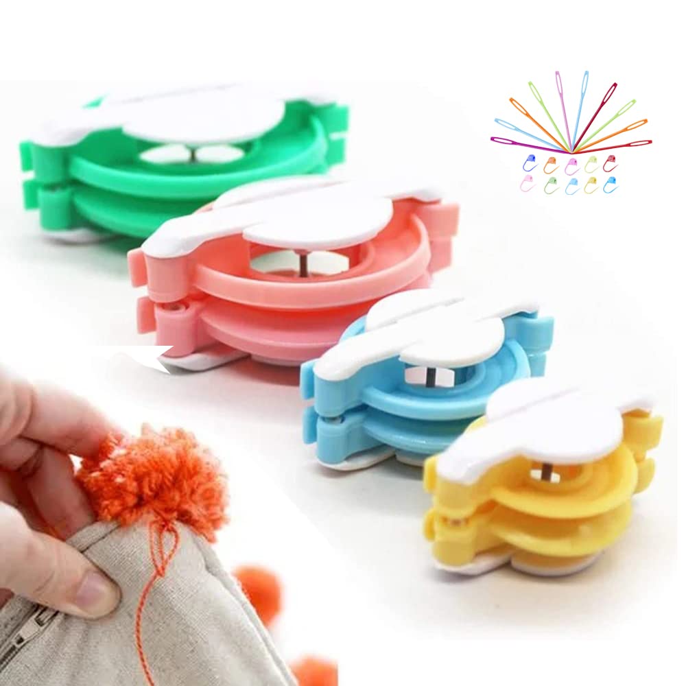 Pompom Makers, 4 Sizes Fluff Ball Weaver Needle PomPom Maker Sets-DIY Pompoms Craft Doll Making Kits Contain 10pcs Knitting Stitch Markers + 10pcs Plastic Needles (24)