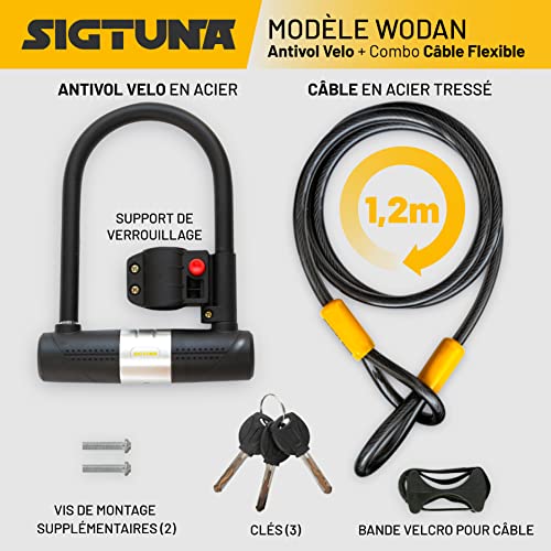 SIGTUNA Bicycle Lock with 1.2 m Cable, 16 mm Heavy Duty Bicycle Lock and Bracket, 3 Keys High Security for Road Bike, Folding Bike, Motorcycle (Yellow)