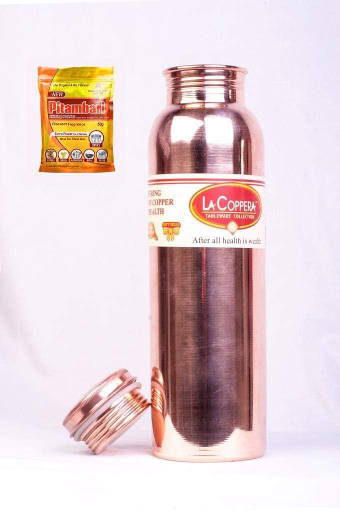 Pure Copper Handmade Drinking Water Bottle Vessel Flask Ayurvedic Health Benefits 900 ml | Includes Pitambari Cleaning Powder 30g