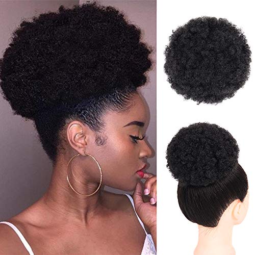 Afro Ponytail Drawstring Synthetic Curly Hair Afro Buns Short Afro Kinky Curly Wig Kanekalon Fiber Afro Ponytail for Natural Hair Puff Ponytail Wrap Updo Hair Extensions with Two Clips (Black)