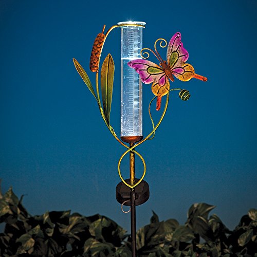 Bits and Pieces Solar Powered Butterfly Rain Gauge Garden Statue - Solar Panel Captures Sunlight and Illuminates LED Glass Rainfall Tube