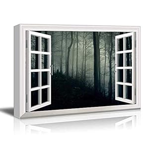 Modern White Window Looking Out Into a Dark Downhill Foggy Forest - Canvas Art Home Art - 24x36 inches