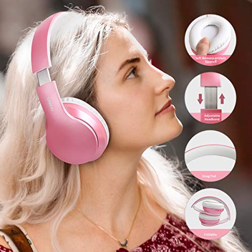Rose Pink LOBKIN Over-Ear Bluetooth Headphones with Microphone Stereo Noise Reduce Over Ear Studio School Gaming Sleep Party Outdoor Kids Girls Wireless Headphones